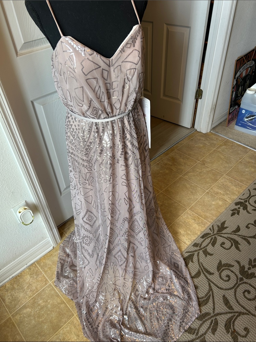Angelina Faccenda Elegant Beaded Spaghetti-Strap Wedding Dress in Taupe